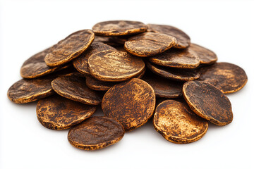 Ancient treasure coins isolated on the white background.