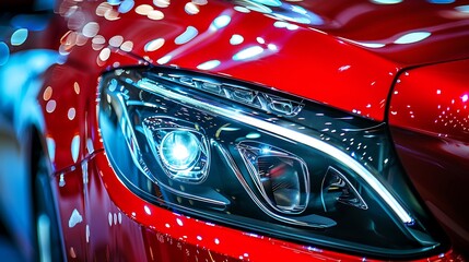 Wall Mural - Closeup of the headlight of a modern red car