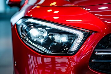 Wall Mural - Closeup of the headlight of a modern red car