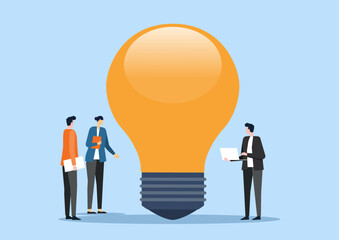 Poster - business team working meeting brainstorming and  creative ideas for business planning concepts. flat vector illustration. group people stand talking with light bulb