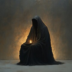 Wall Mural - A person is sitting in a dark cloak with a candle in their hand