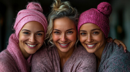 Wall Mural - Three cheerful women in warm sweaters and hats share a joyful moment indoors, showcasing their vibrant smiles and friendship during wintertime