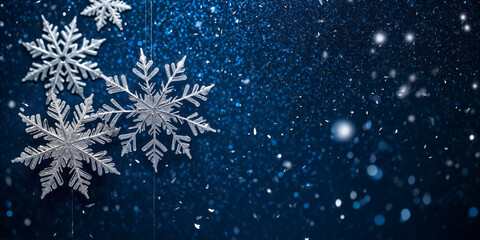 Wall Mural - magical white snowflakes over glitter blue dark background