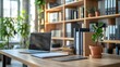 © TranNgoc - Contemporary workspace with a clean desk and aesthetically arranged bookshelf, bright natural light, clutter-free look, organized and professional layout, sleek and modern feel. --ar 16:9