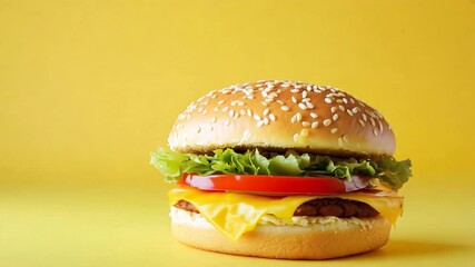 Poster - Delicious cheeseburger with lettuce, tomato, and cheese on sesame seed bun against yellow background, perfect for fast food lovers seeking tasty meal.