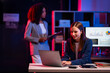 © MrAshi - Professional woman or manager with digital technology Happy reports and proposals, teamwork and tablets for night research Financial market data analysis results