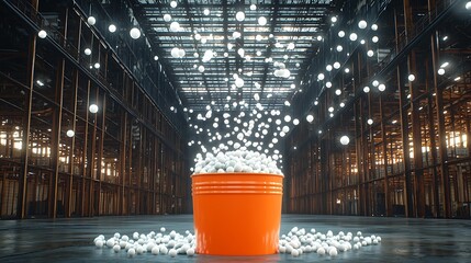 Wall Mural - dynamic visual of an orange bucket overflowing with white spheres in an expansive industrial space w