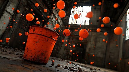 Wall Mural - floating orange spheres above an orange bucket in a dark, abandoned industrial space with visible te