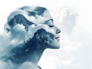Aufkleber - Ethereal Women's Portrait with Mountain Landscape and Cloudy Skies, Emphasizing Nature's Harmony and Tranquility in a Dreamlike Composition