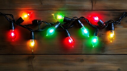 Wall Mural - Colorful holiday string lights on rustic wooden background