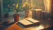 © TranNgoc - Tidy workspace with an open journal and small potted plant, soft ambient light, uncluttered layout, warm tones, minimalist and calming design, smooth desk surface. --ar 16:9