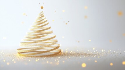 Fototapete - A minimalist Christmas tree made of golden ribbon sits on a white surface with glittering lights. It is topped with a small, golden star and surrounded by scattered glitter.