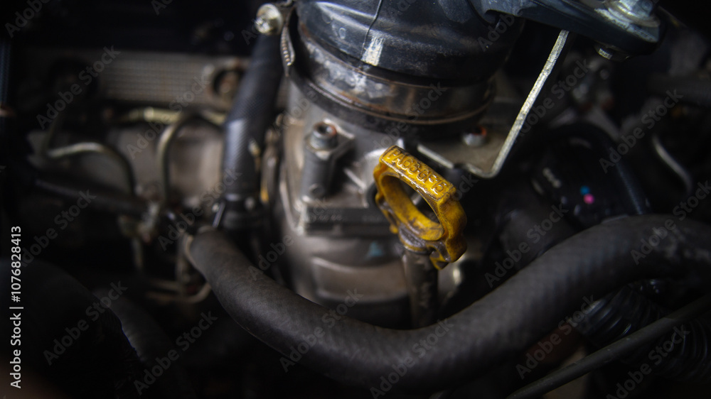 Check the condition of automobile machinery, close-up, engine oil check ...