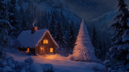 Wall Mural - Cozy snow-covered cabin illuminated in a starry winter forest