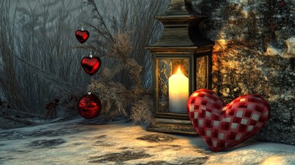 Wall Mural - Cozy winter lantern scene with candle and heart decorations