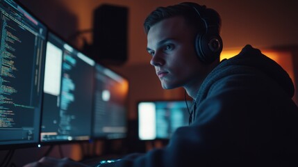 Focused young man with headphones live streaming an intense coding session, surrounded by monitors displaying code in a dimly lit room with RGB lights, conveying concentration and dedication.