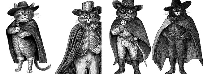 Doodle illustration of a funny cat in a Zorro costume for Halloween