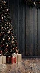 Wall Mural - Festive Christmas tree adorned with twinkling lights and ornaments stands beside wrapped gifts, contrasting beautifully against a dark wooden wall and floor.