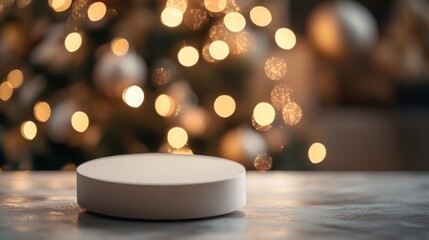Fototapete - A round, white pedestal sits on a grey surface. Behind the pedestal, an out-of-focus Christmas tree with warm, yellow lights is visible.