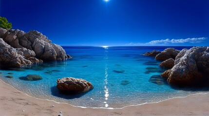 Wall Mural - a view of a beach with rocks and water under a full moon