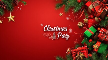 Wall Mural - Festive christmas party background with gifts and decorations on red