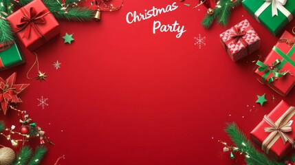 Wall Mural - Festive christmas party invitation with decorated gift wrapping on red background