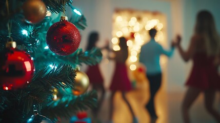 Wall Mural - Festive christmas party with friends dancing near decorated tree