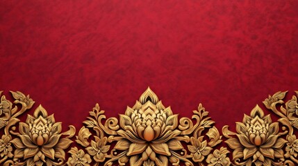 Wall Mural - Ornate Gold Patterns Over Rich Red Velvet Texture,Elegant Thai Cultural Design