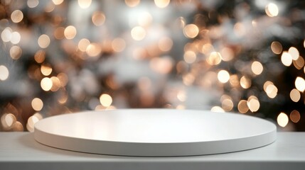 Fototapete - A white platform sits on a white surface in front of an out-of-focus background of warm golden lights.