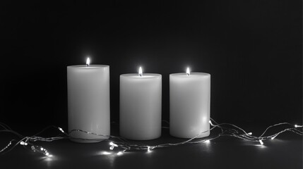 Wall Mural - Tranquil candlelight: three lit candles with string lights in monochrome