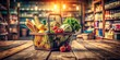 © Manatsavee - Vintage Style Pixelated Shopping Basket in Retro Aesthetic with Colorful Groceries, Capturing the Charm of Nostalgic Marketplace Shopping Experiences
