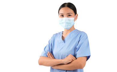 Wall Mural - Confident medical professional wearing a blue scrub and protective mask, arms crossed, against a white isolated background.