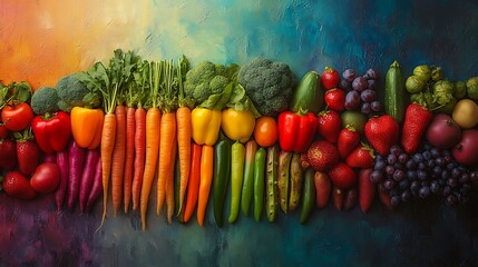 Wall Mural - A vibrant display of colorful fruits and vegetables, Colorful healthy fresh fruits and vegetables