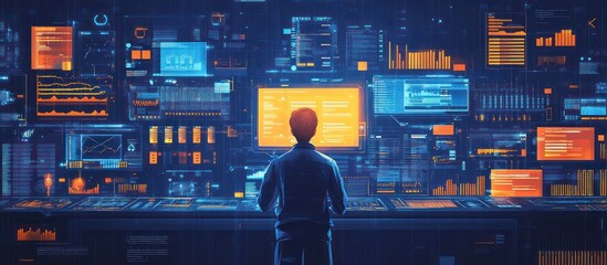 A single person standing in front of a wall of computer monitors, looking at data.