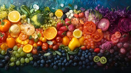 Wall Mural - A vibrant display of colorful fruits and vegetables, Colorful healthy fresh fruits and vegetables