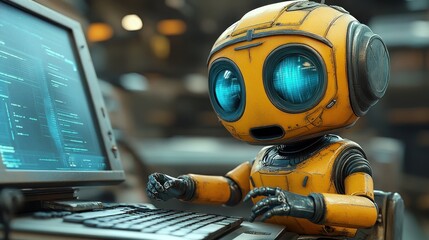 yellow robot at the computer