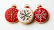 © Owl.Studio - Christmas ornaments and decorations, Delightful Christmas cookies shaped like ornaments, featuring red and white icing with intricate snowflake designs, perfect for festive celebrations