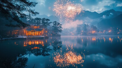 Wall Mural - A colorful fireworks show above a tranquil lake with reflections shimmering on the surface The scene is empty of people creating a serene and captivating moment A celebration of beauty in a 