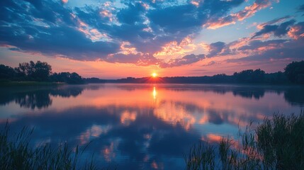 Wall Mural - A stunning fireworks display over a calm river with reflections on the water The scene is silent creating a beautiful celebration of color and tranquility A peaceful moment of light in a serene 