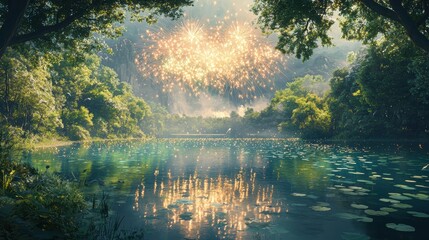 Wall Mural - A stunning fireworks show above a lake surrounded by forest with reflections on the calm water The scene is peaceful creating a magical celebration in nature A beautiful and tranquil moment 