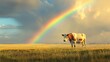 © Darunee - Cow grazing under a vibrant rainbow in an open field, capturing a moment of beauty and peace