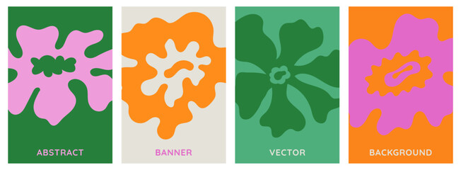 Poster - Vector simple minimal backgrounds  in brigh bold colors, simple wavy and groovy naive style, flowers and plants, floral botanic hand drawn design templates, frames 