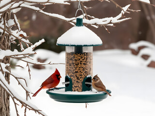 A vibrant red cardinal and a brown finch feeding together at a snow-covered bird feeder on a tranquil winter morning