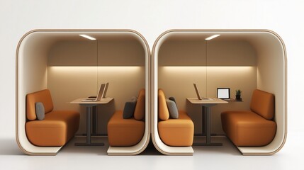 Poster - A pair of orange cubicles with two tables and two couches. The tables are covered with laptops and the couches are covered with pillows. The cubicles are designed to be comfortable