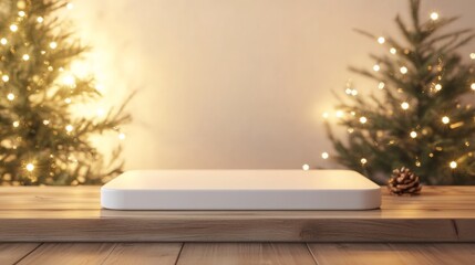 Poster - A white platform sits on a light brown wooden table. The platform is rectangular and has slightly rounded corners. The platform is positioned in the center of the table.