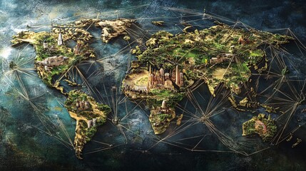 Poster - World map showing connections between famous monuments and cities around the globe