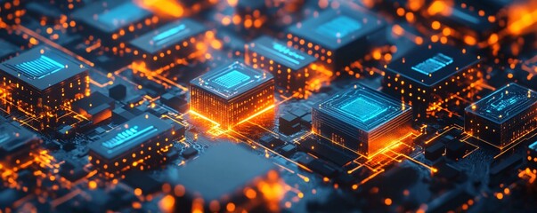 Fototapete - Futuristic cpus processing data on motherboard with orange and blue lights
