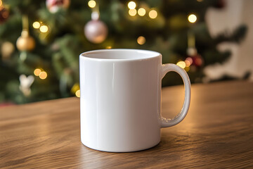 Wall Mural - A simple white ceramic mug for mockup on a wooden table in a cozy room adorned with Christmas decorations during the holiday season