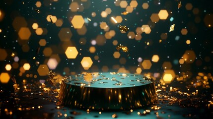 Aufkleber - Golden hexagonal confetti floats gracefully through the air, landing on a circular platform bathed in soft light. The dark background enhances the festive atmosphere of this evening display.