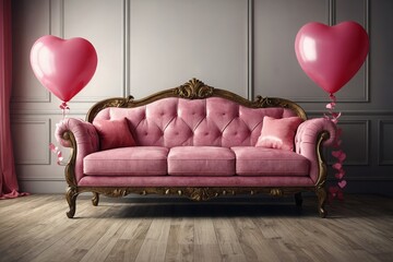 Wall Mural - Pink sofa decorated with heart balloon, valentines day, Vintage Style,